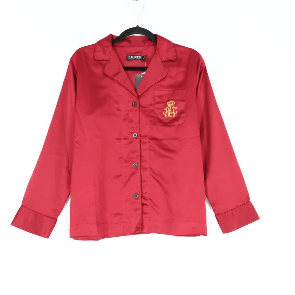 Lauren Ralph Lauren Pajama Set Women PS Red Satin Crest Holiday Festive $84 NWT